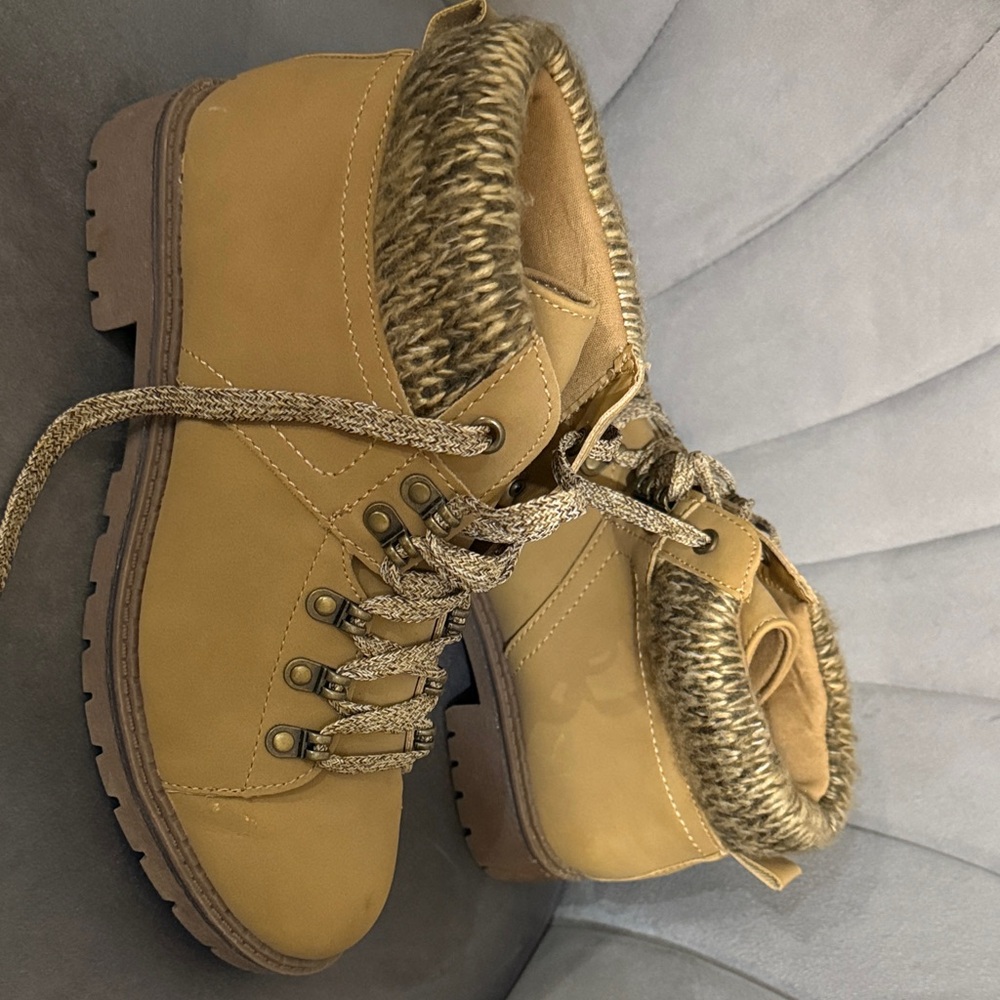 Time and Tru Tan Ankle Boots with Knit Cuff